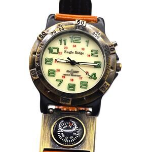 Eagle Ridge Men Watch Maritime Compass Brown Front Black Inside Leather Bracelet